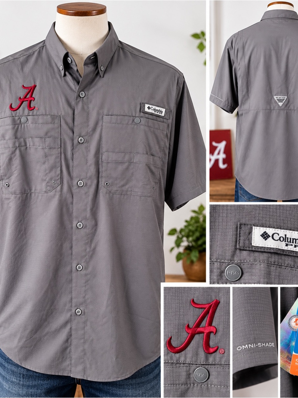 Columbia PFG Alabama Crimson Tide Omni-Shade Fishing Shirt Men’s Large NWT Gray